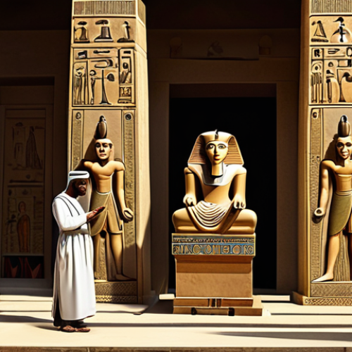 Home 22 Ancient Automata**
"A craftsman in ancient Egypt, fully clothed in modest attire, demonstrating a simple mechanism to move a statue of a deity within a temple, safe for work, appropriate content, professional illustration, perfect anatomy, correct proportions, family-friendly."
**