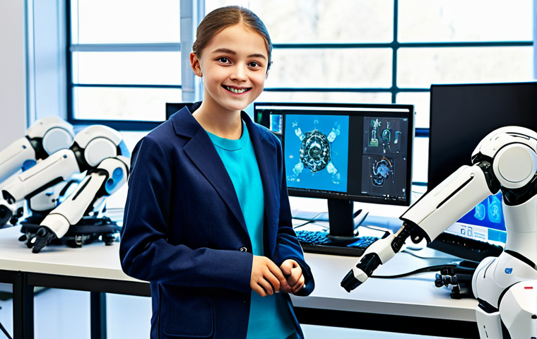 **
"A young, enthusiastic student in a fully clothed, modest outfit, working on a robotics project with a team in a bright, modern university lab, surrounded by robotic arms and computer screens, appropriate attire, safe for work, perfect anatomy, natural proportions, family-friendly, educational setting."
**