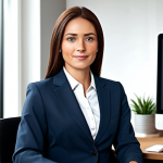 A professional businesswoman in a modest business suit, sitting at a desk in a modern office, fully clothed, appropriate attire, safe for work, perfect anatomy, natural proportions, professional photography, high quality.