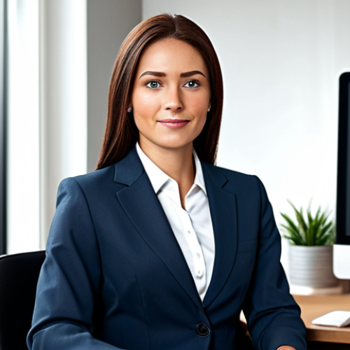 Home 20 A professional businesswoman in a modest business suit, sitting at a desk in a modern office, fully clothed, appropriate attire, safe for work, perfect anatomy, natural proportions, professional photography, high quality.