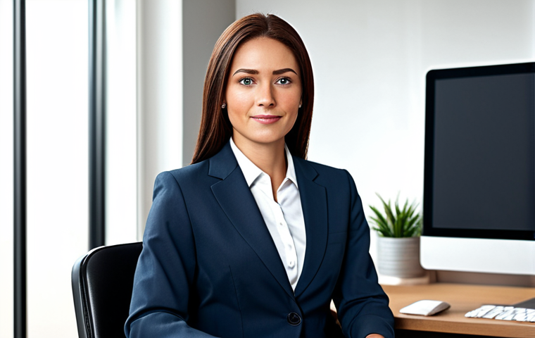 A professional businesswoman in a modest business suit, sitting at a desk in a modern office, fully clothed, appropriate attire, safe for work, perfect anatomy, natural proportions, professional photography, high quality.