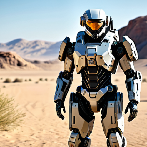 Home 11 **Prompt:** A futuristic military robot, fully clothed in advanced tactical gear, standing guard in a desert environment, appropriate attire, safe for work, perfect anatomy, correct proportions, professional concept art, high quality, family-friendly.