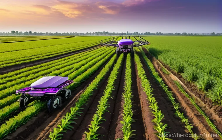 로봇 기반 자율 농업 - **Prompt 2: "A close-up view of an agricultural robot performing precision irrigation in a field of ...