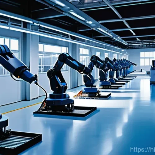 로봇 클라우드 연동 - **Prompt:** A bustling, futuristic factory floor bathed in soft, cool blue and white lighting. Sever...