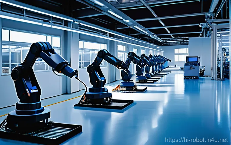 로봇 클라우드 연동 - **Prompt:** A bustling, futuristic factory floor bathed in soft, cool blue and white lighting. Sever...