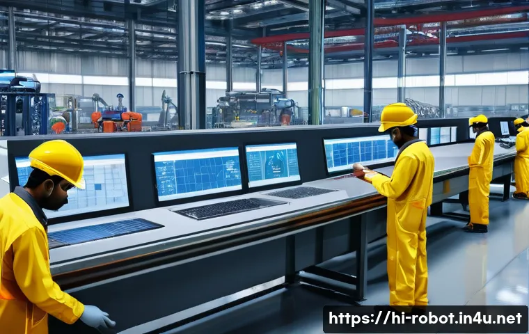 로봇과 에너지 절감 기술 - A modern Indian factory interior showcasing advanced robotics automation in action, with sleek robot...