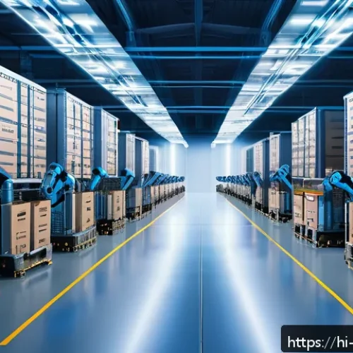로봇 제어 시스템 - A futuristic smart warehouse scene featuring multiple robotic arms with sleek metallic finishes and ...