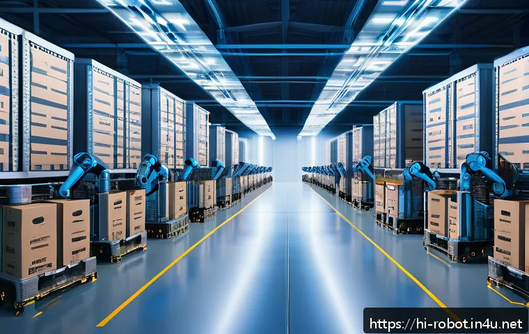 로봇 제어 시스템 - A futuristic smart warehouse scene featuring multiple robotic arms with sleek metallic finishes and ...