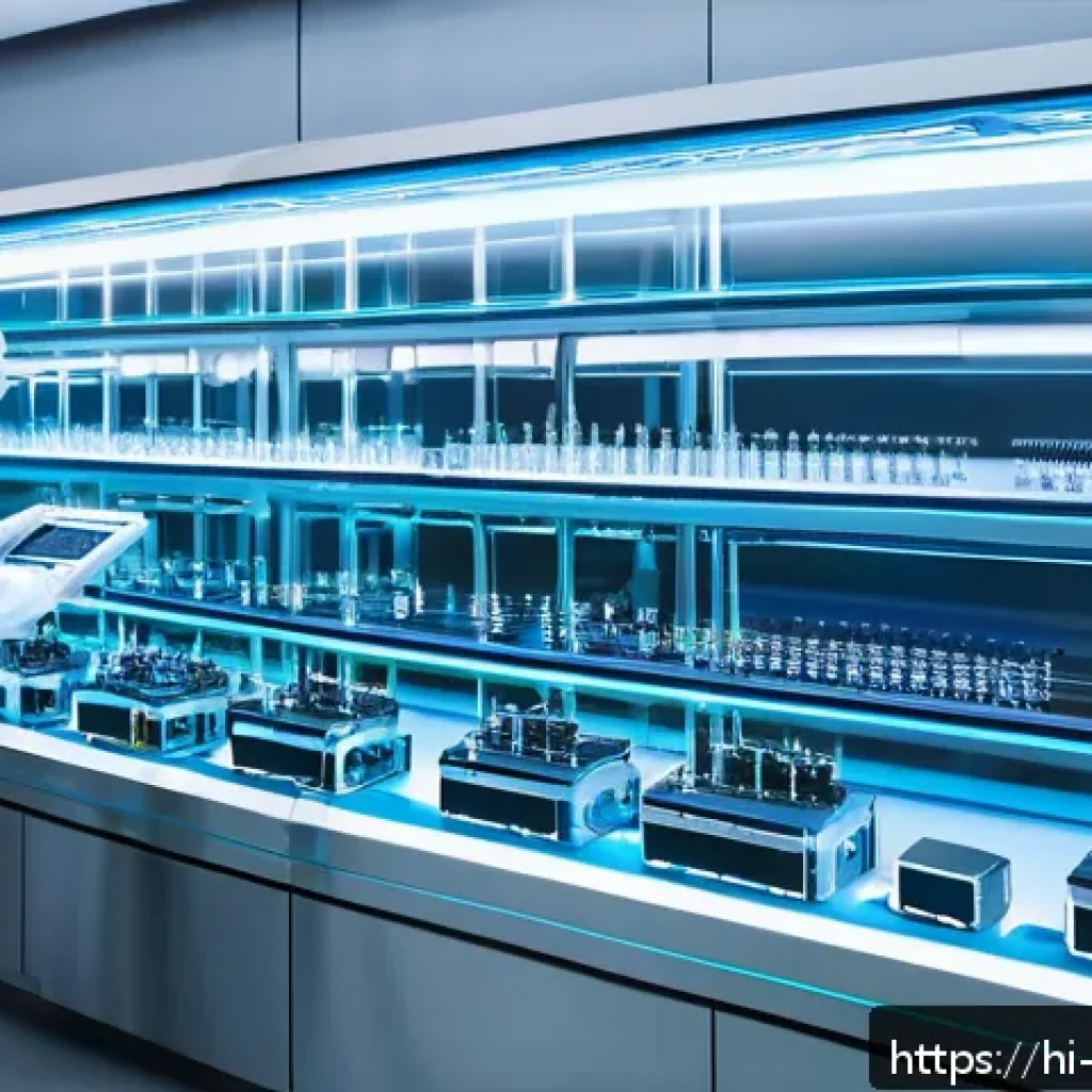 로봇의 반도체 기술 발전 - A futuristic robotics laboratory showcasing advanced semiconductor chips integrated within sleek, co...