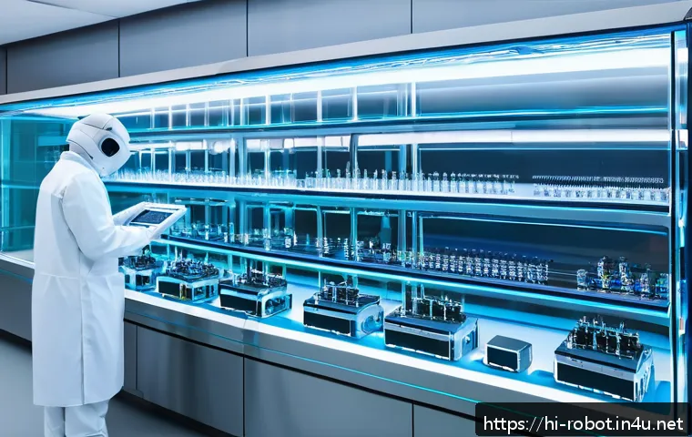 로봇의 반도체 기술 발전 - A futuristic robotics laboratory showcasing advanced semiconductor chips integrated within sleek, co...