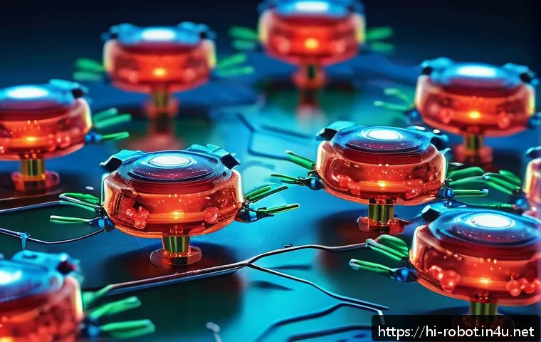 로봇의 나노 기술 적용 - A futuristic medical scene showing a team of advanced nano robots inside a human bloodstream targeti...
