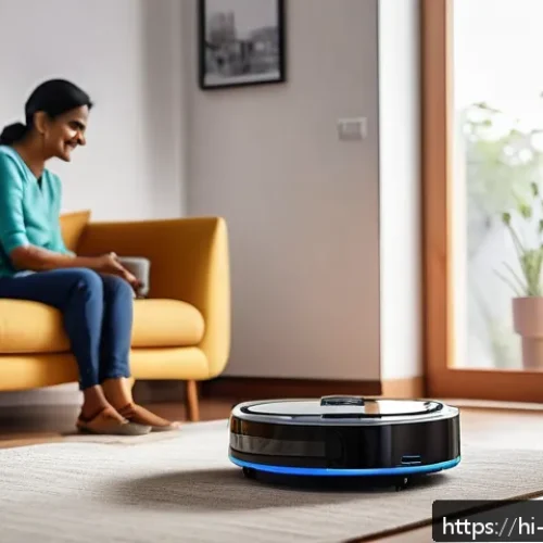 로봇 미래 전망 - A modern Indian home interior featuring a sleek smart home assistant robot vacuum cleaner actively c...