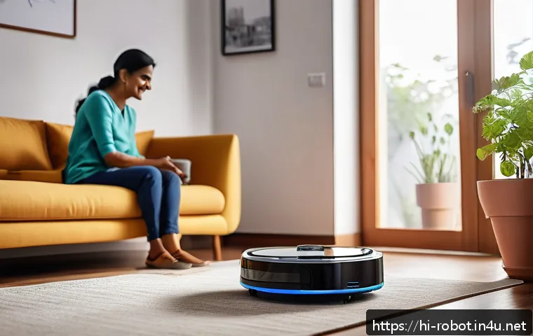 로봇 미래 전망 - A modern Indian home interior featuring a sleek smart home assistant robot vacuum cleaner actively c...