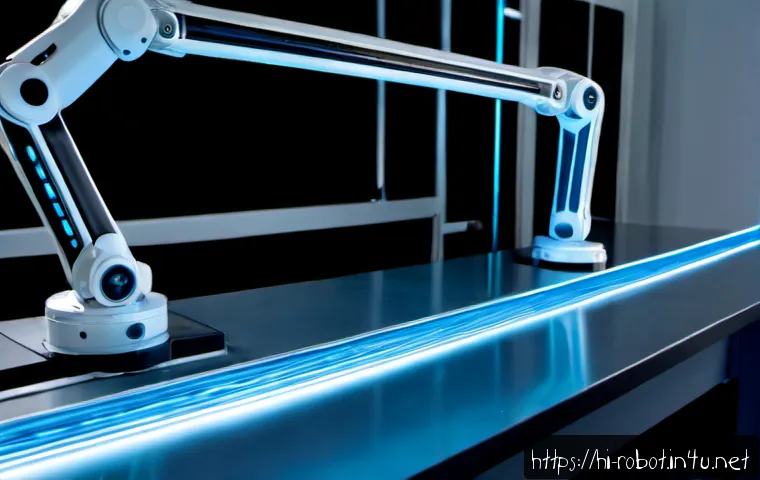 로봇의 초고속 데이터 처리 기술 - Photorealistic advanced industrial robot arm in a pristine data-processing laboratory, its metallic ...