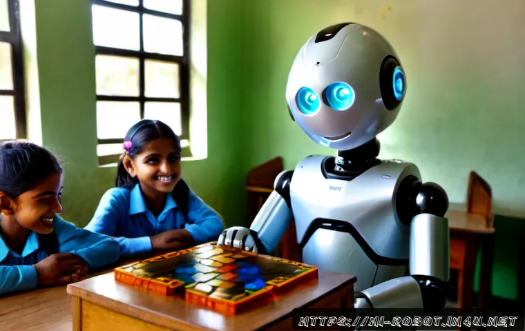 Home 17 로봇과 게이미피케이션 - Photorealistic modern classroom in India, a friendly humanoid educational robot guiding a diverse gr...