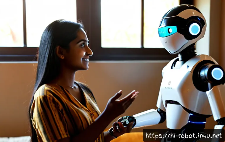 로봇 음성 인식 기술 - Photorealistic friendly home assistant robot recognizing spoken Hindi commands from an Indian woman ...