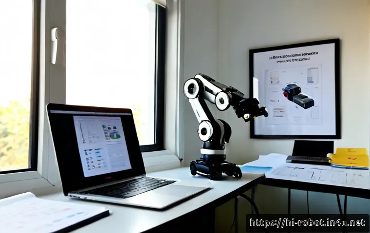 로봇 관련 특허 검색 - Photorealistic modern patent research workspace in India, an Indian robotics engineer seated at a cl...